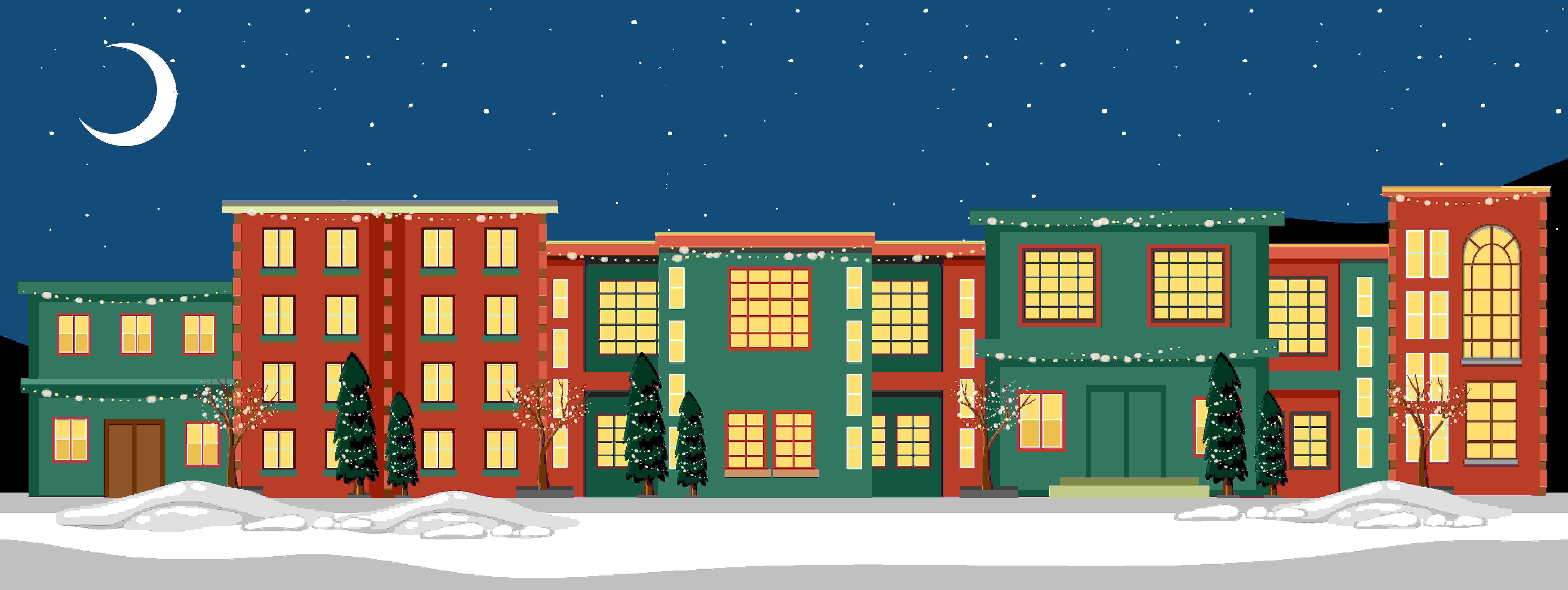 Illustrasjon av kontorbygg med julepynt