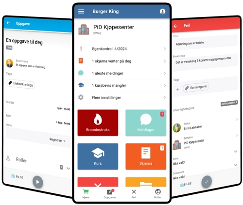 PiD Drift Mobile for leietakere, oppgave, dashboard og feil